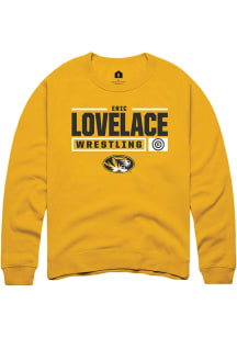 Eric Lovelace  Rally Missouri Tigers Mens Gold NIL Stacked Box Long Sleeve Crew Sweatshirt