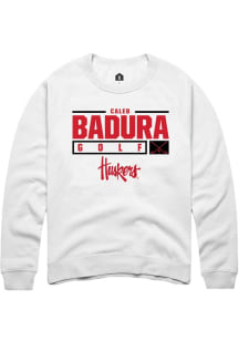 Caleb Badura Rally Mens White Nebraska Cornhuskers NIL Stacked Box Crew Sweatshirt