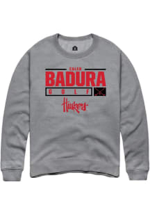 Caleb Badura Rally Mens Graphite Nebraska Cornhuskers NIL Stacked Box Crew Sweatshirt