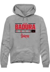 Caleb Badura Rally Mens Graphite Nebraska Cornhuskers NIL Stacked Box Hooded Sweatshirt