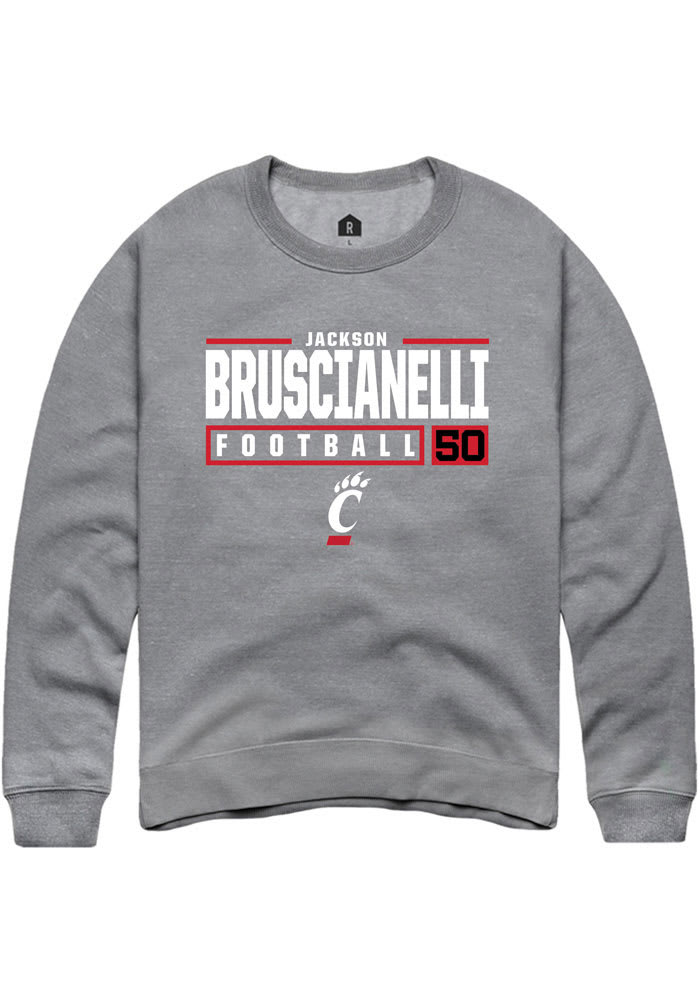 Jackson Bruscianelli Rally Cincinnati Bearcats Mens Grey NIL Stacked Box Long Sleeve Crew Sweatshirt