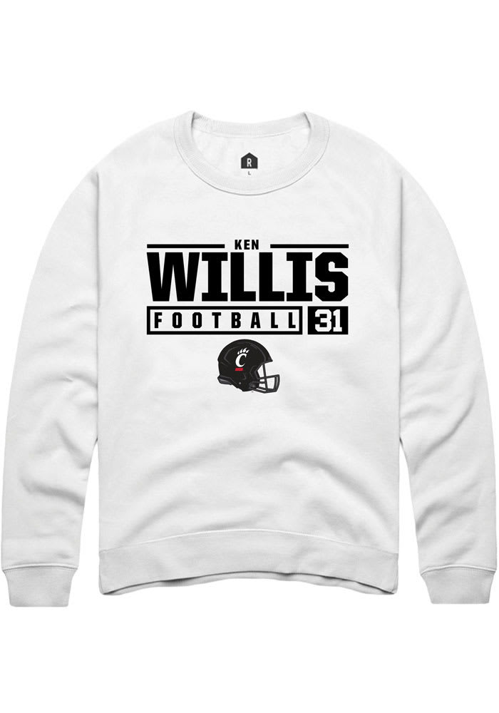 Ken Willis Rally Cincinnati Bearcats Mens White NIL Stacked Box Long Sleeve Crew Sweatshirt