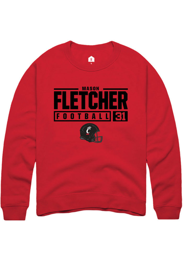 Mason Fletcher Rally Cincinnati Bearcats Mens Red NIL Stacked Box Long Sleeve Crew Sweatshirt