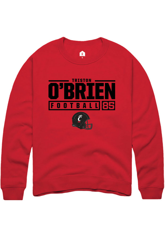 Triston O'Brien Rally Cincinnati Bearcats Mens Red NIL Stacked Box Long Sleeve Crew Sweatshirt