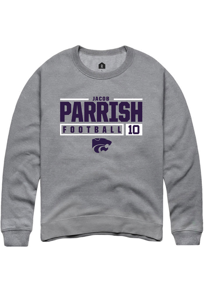 Jacob Parrish Rally K-State Wildcats Mens Grey NIL Stacked Box Long Sleeve Crew Sweatshirt