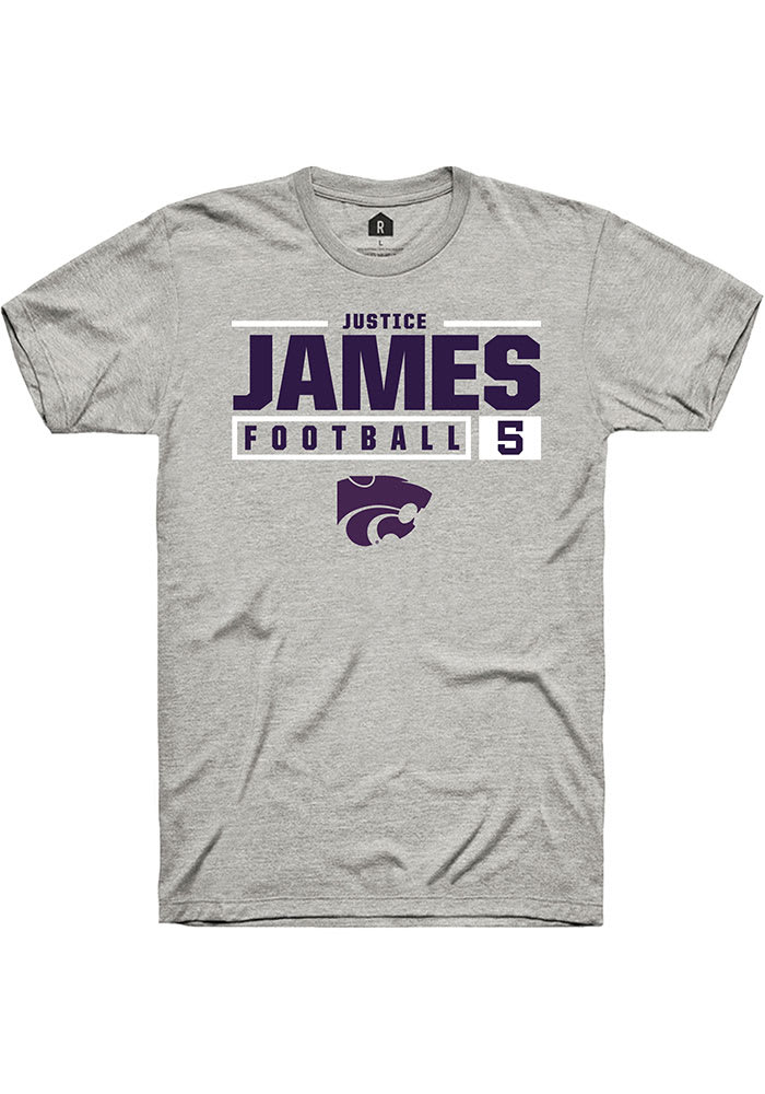 Justice James K-State Wildcats Grey Rally NIL Stacked Box Short Sleeve T Shirt