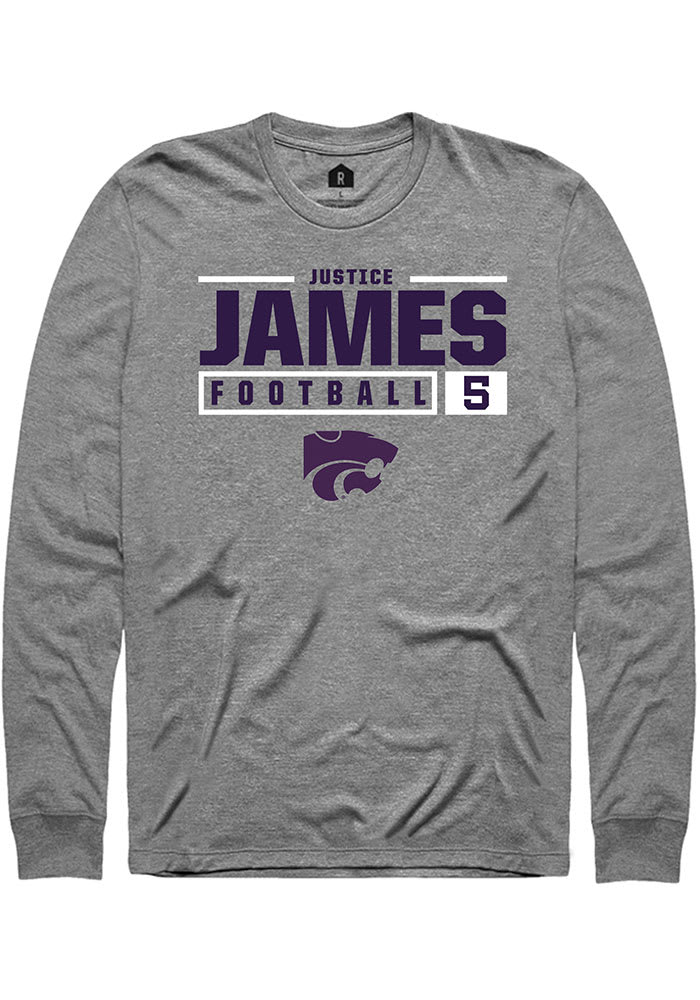 Justice James K-State Wildcats Grey Rally NIL Stacked Box Long Sleeve T Shirt