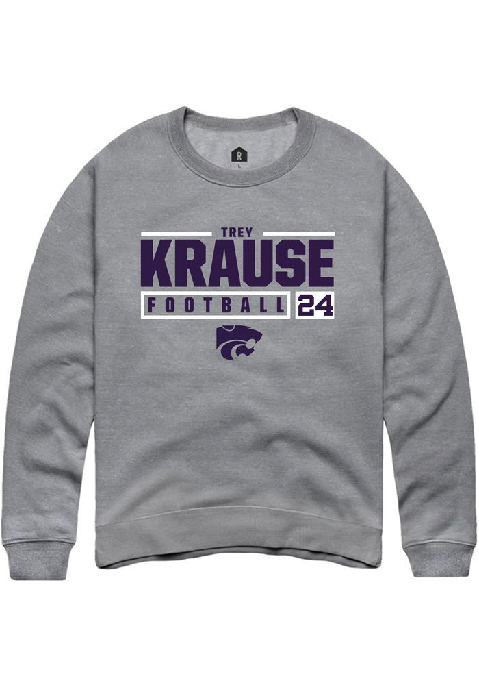 Trey Krause Rally K-State Wildcats Mens Grey NIL Stacked Box Long Sleeve Crew Sweatshirt