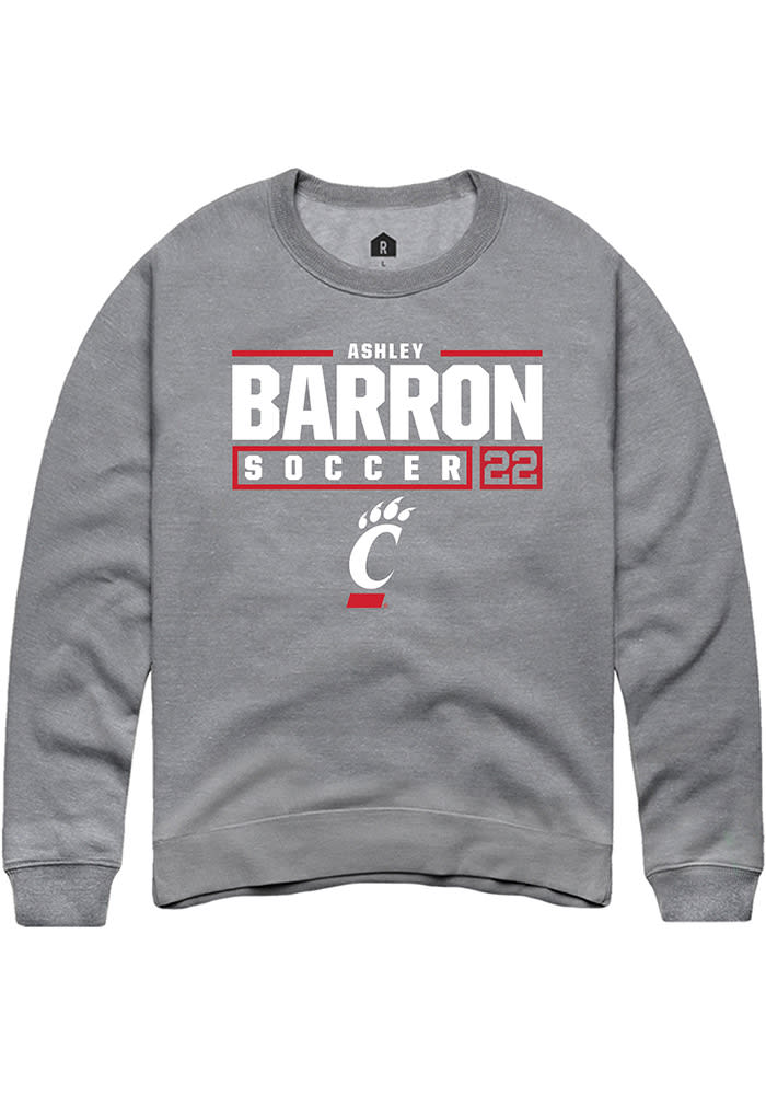 Ashley Barron Rally Cincinnati Bearcats Mens Grey NIL Stacked Box Long Sleeve Crew Sweatshirt