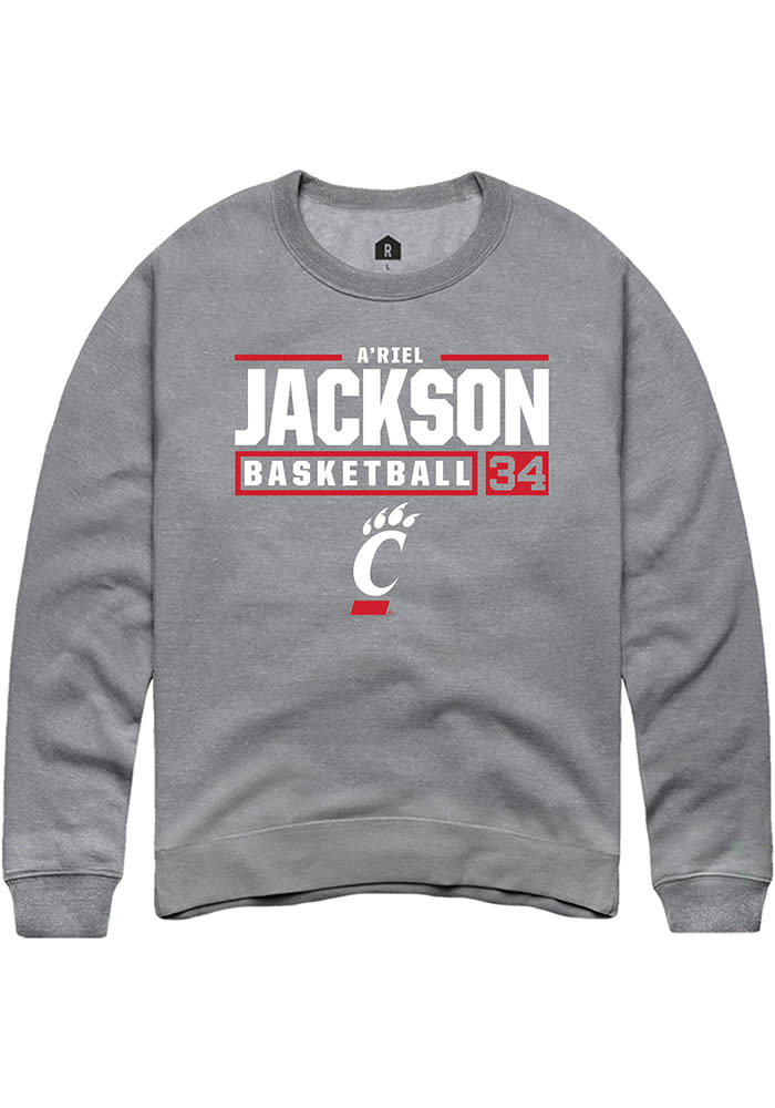 A'riel Jackson Rally Cincinnati Bearcats Mens Grey NIL Stacked Box Long Sleeve Crew Sweatshirt