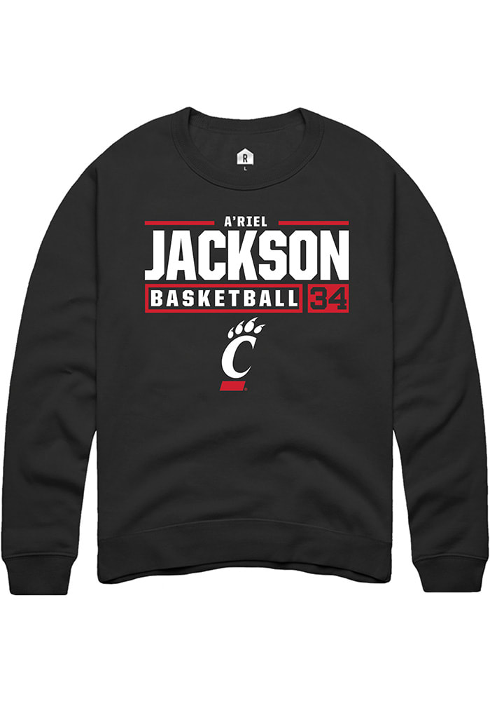 A'riel Jackson Rally Cincinnati Bearcats Mens Black NIL Stacked Box Long Sleeve Crew Sweatshirt