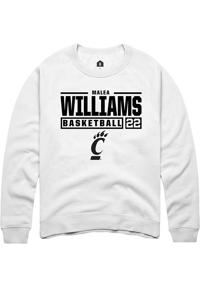 Malea Williams Rally Cincinnati Bearcats Mens White NIL Stacked Box Long Sleeve Crew Sweatshirt