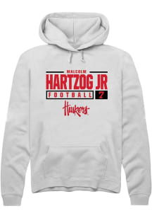 Malcolm Hartzog Rally Mens White Nebraska Cornhuskers NIL Stacked Box Hooded Sweatshirt