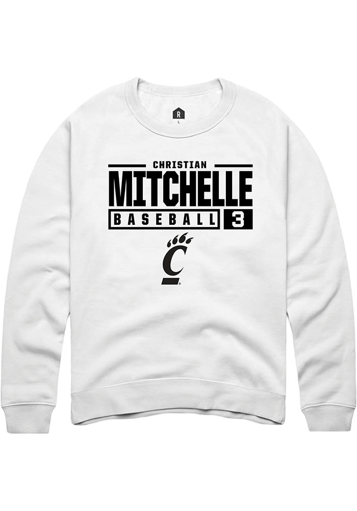 Christian Mitchelle Rally Cincinnati Bearcats Mens White NIL Stacked Box Long Sleeve Crew Sweatshirt