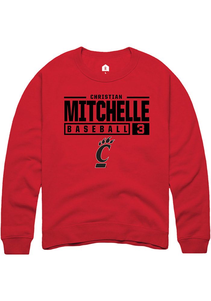 Christian Mitchelle Rally Cincinnati Bearcats Mens Red NIL Stacked Box Long Sleeve Crew Sweatshirt