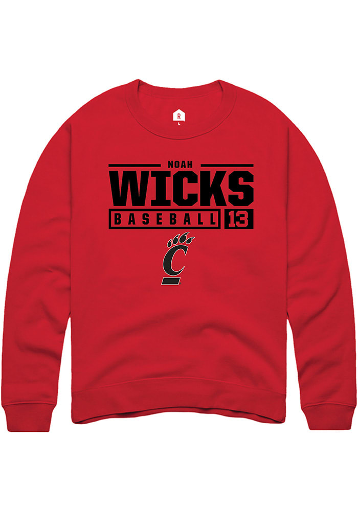 Noah Wicks Rally Cincinnati Bearcats Mens Red NIL Stacked Box Long Sleeve Crew Sweatshirt