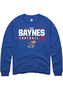 Kobe Baynes  Rally Kansas Jayhawks Mens Blue NIL Stacked Box Long Sleeve Crew Sweatshirt