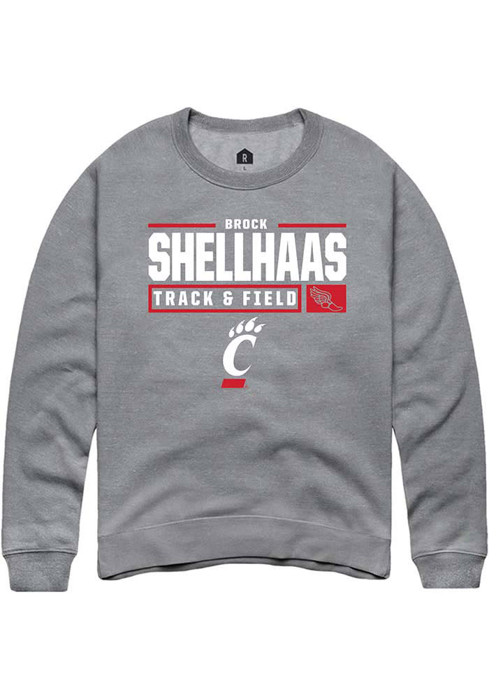Brock Shellhaas Rally Cincinnati Bearcats Mens Grey NIL Stacked Box Long Sleeve Crew Sweatshirt