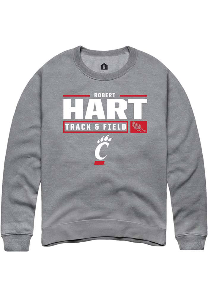 Robert Hart Rally Cincinnati Bearcats Mens Grey NIL Stacked Box Long Sleeve Crew Sweatshirt