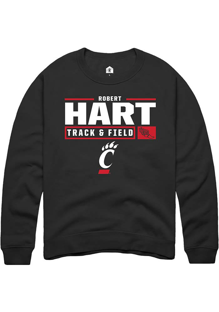 Robert Hart Rally Cincinnati Bearcats Mens Black NIL Stacked Box Long Sleeve Crew Sweatshirt
