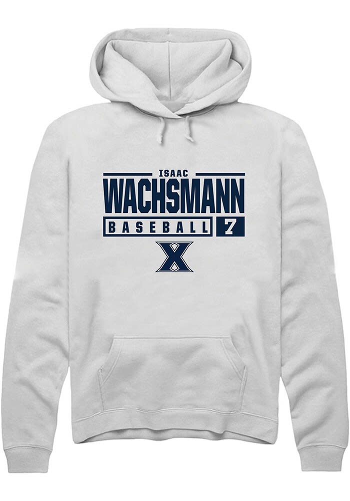 Isaac Wachsmann  Rally Xavier Musketeers Mens White NIL Stacked Box Long Sleeve Hoodie