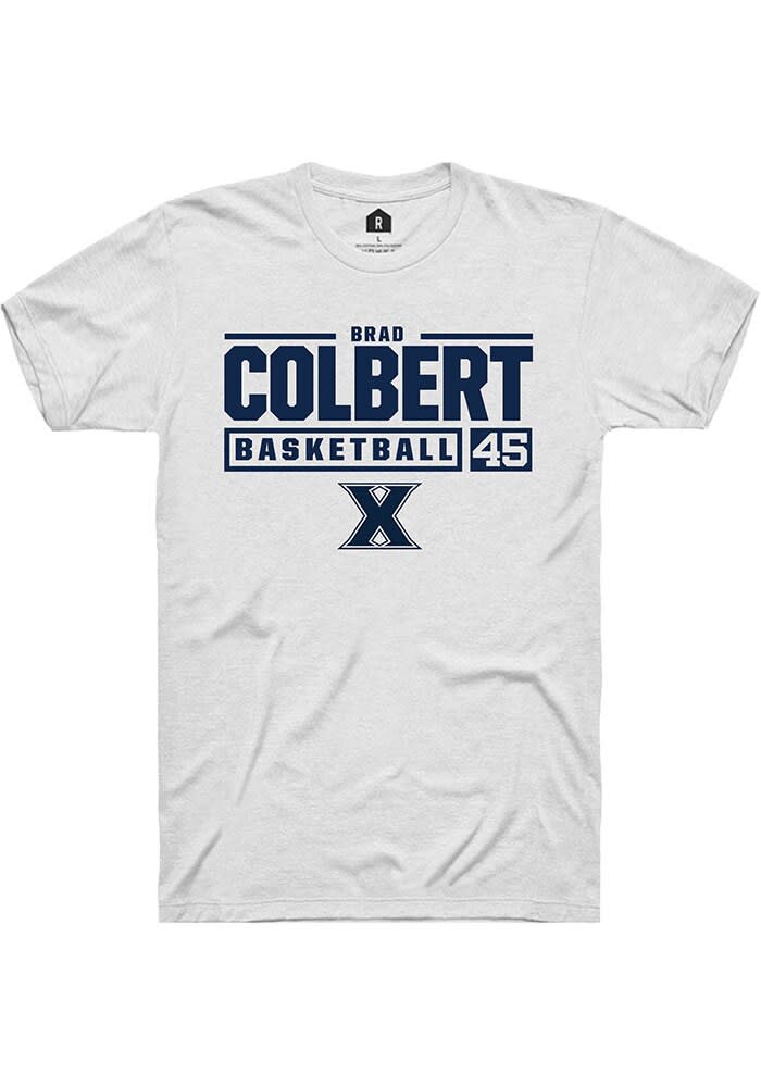 Brad Colbert  Xavier Musketeers White Rally NIL Stacked Box Short Sleeve T Shirt