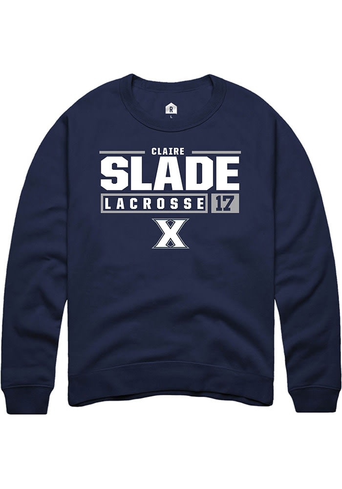 Claire Slade  Rally Xavier Musketeers Mens Navy Blue NIL Stacked Box Long Sleeve Crew Sweatshirt