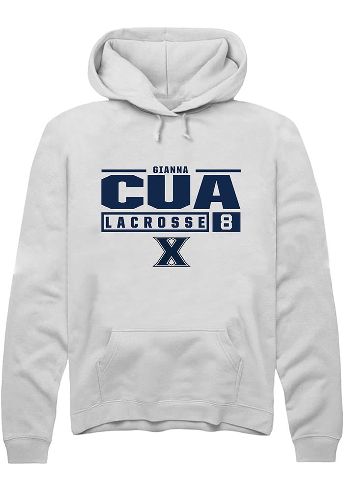 Gianna Cua  Rally Xavier Musketeers Mens White NIL Stacked Box Long Sleeve Hoodie