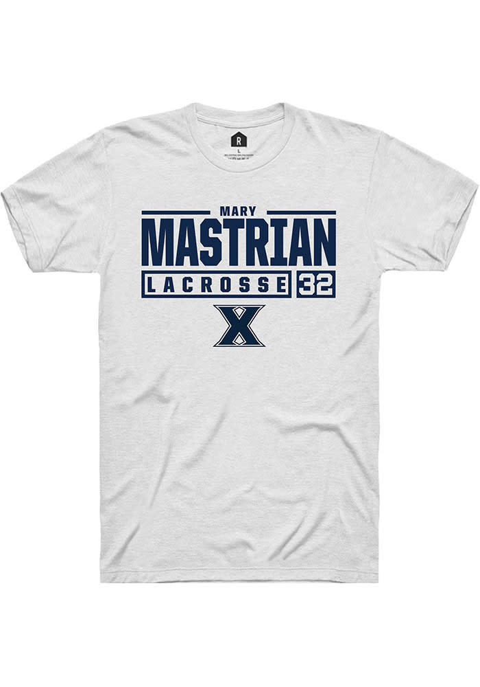 Mary Mastrian  Xavier Musketeers White Rally NIL Stacked Box Short Sleeve T Shirt