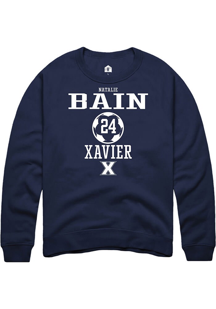 Natalie Bain  Rally Xavier Musketeers Mens Navy Blue NIL Sport Icon Long Sleeve Crew Sweatshirt