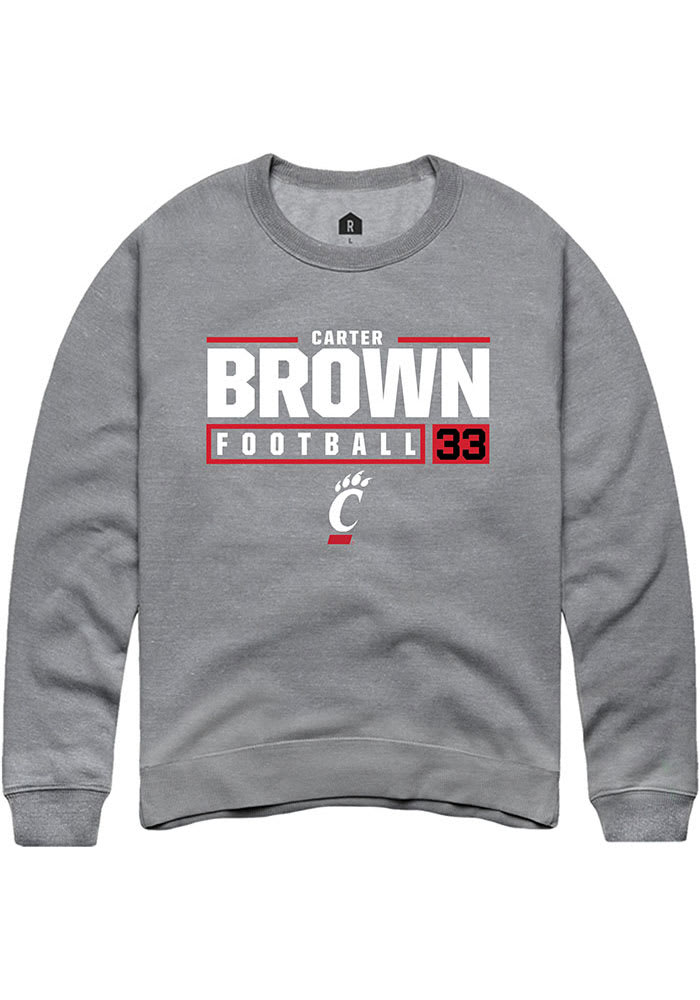 Carter Brown Rally Cincinnati Bearcats Mens Grey NIL Stacked Box Long Sleeve Crew Sweatshirt