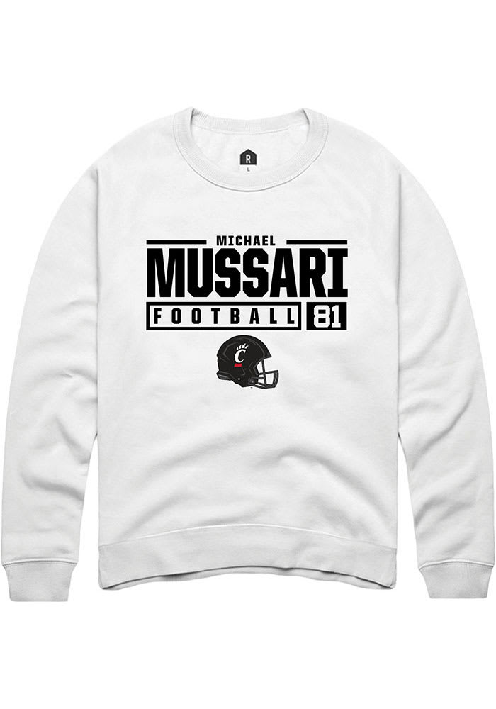 Michael Mussari Rally Cincinnati Bearcats Mens White NIL Stacked Box Long Sleeve Crew Sweatshirt