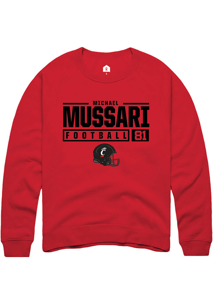 Michael Mussari Rally Cincinnati Bearcats Mens Red NIL Stacked Box Long Sleeve Crew Sweatshirt