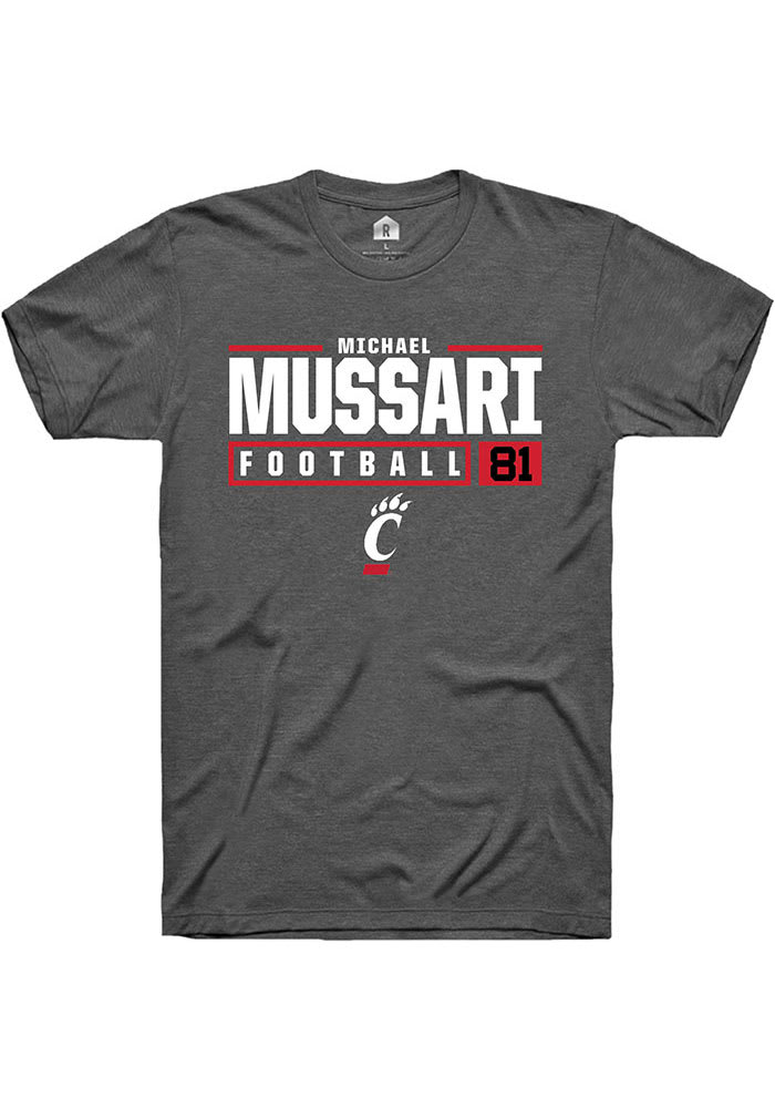 Michael Mussari Cincinnati Bearcats Dark Grey Rally NIL Stacked Box Short Sleeve T Shirt