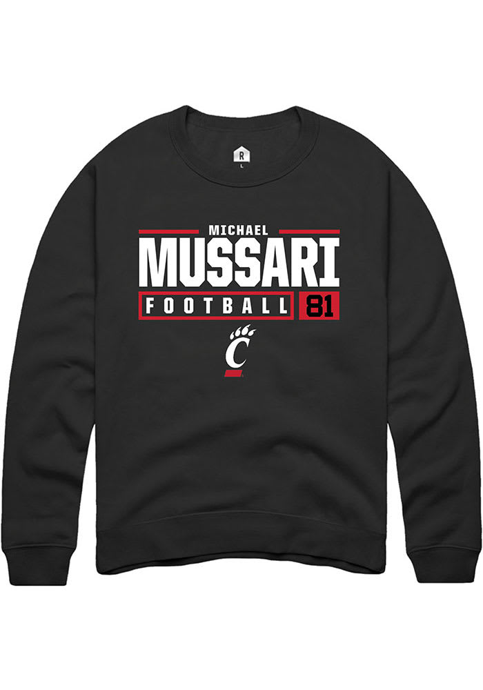 Michael Mussari Rally Cincinnati Bearcats Mens Black NIL Stacked Box Long Sleeve Crew Sweatshirt