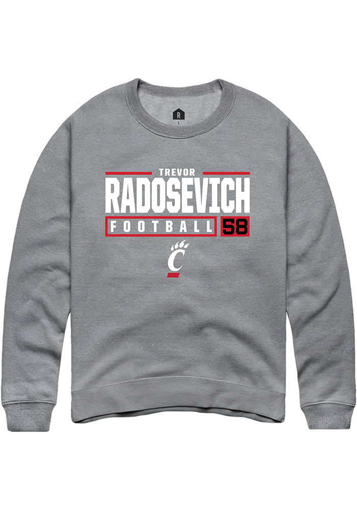 Trevor Radosevich Rally Cincinnati Bearcats Mens Grey NIL Stacked Box Long Sleeve Crew Sweatshirt