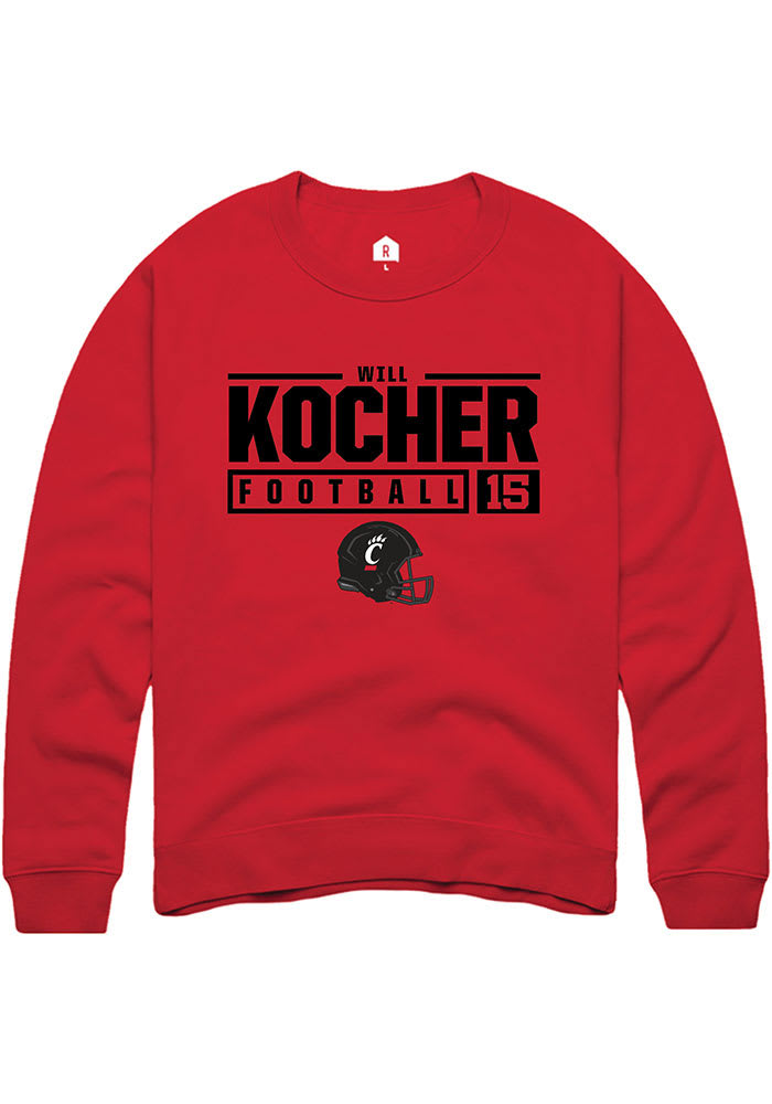 Will Kocher Rally Cincinnati Bearcats Mens Red NIL Stacked Box Long Sleeve Crew Sweatshirt