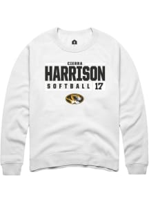 Cierra Harrison  Rally Missouri Tigers Mens White NIL Stacked Box Long Sleeve Crew Sweatshirt