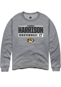 Cierra Harrison  Rally Missouri Tigers Mens Grey NIL Stacked Box Long Sleeve Crew Sweatshirt