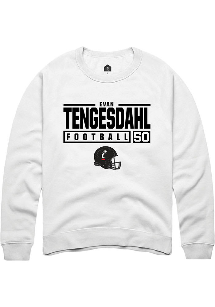 Evan Tengesdahl Rally Cincinnati Bearcats Mens White NIL Stacked Box Long Sleeve Crew Sweatshirt