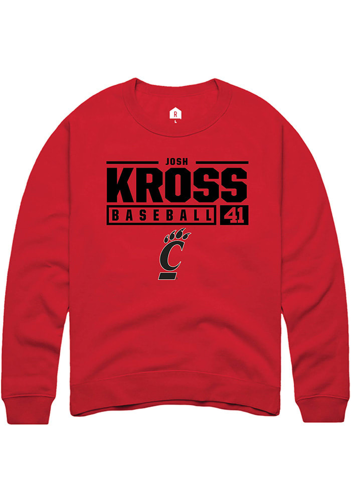 Josh Kross Rally Cincinnati Bearcats Mens Red NIL Stacked Box Long Sleeve Crew Sweatshirt