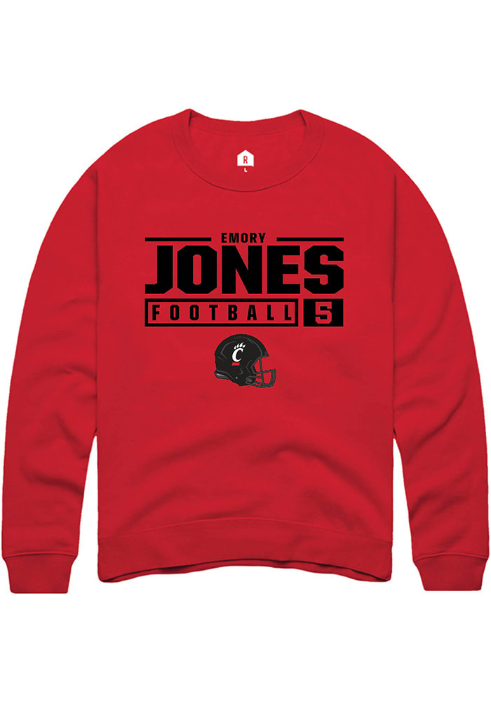 Emory Jones Rally Cincinnati Bearcats Mens Red NIL Stacked Box Long Sleeve Crew Sweatshirt
