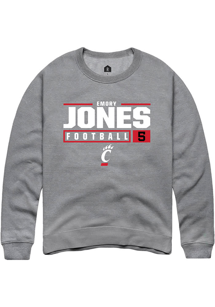 Emory Jones Rally Cincinnati Bearcats Mens Grey NIL Stacked Box Long Sleeve Crew Sweatshirt