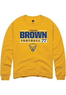 Jackson Brown  Rally Pitt Panthers Mens Gold NIL Stacked Box Long Sleeve Crew Sweatshirt