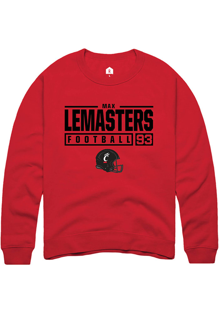 Max Lemasters Rally Cincinnati Bearcats Mens Red NIL Stacked Box Long Sleeve Crew Sweatshirt