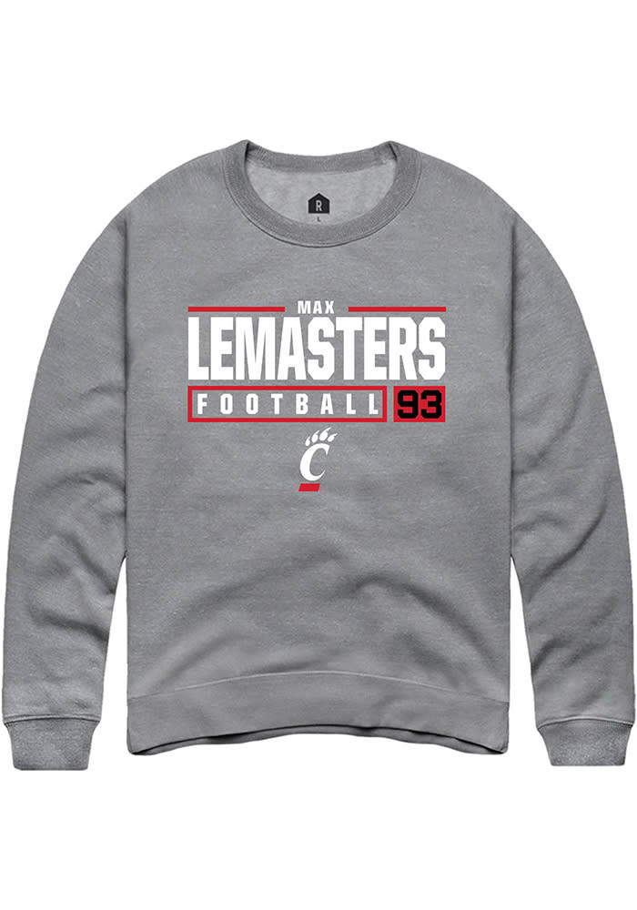 Max Lemasters Rally Cincinnati Bearcats Mens Grey NIL Stacked Box Long Sleeve Crew Sweatshirt