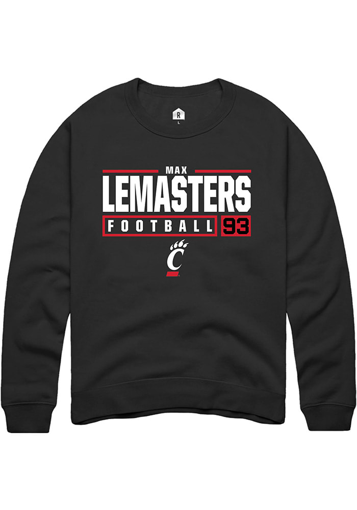 Max Lemasters Rally Cincinnati Bearcats Mens Black NIL Stacked Box Long Sleeve Crew Sweatshirt