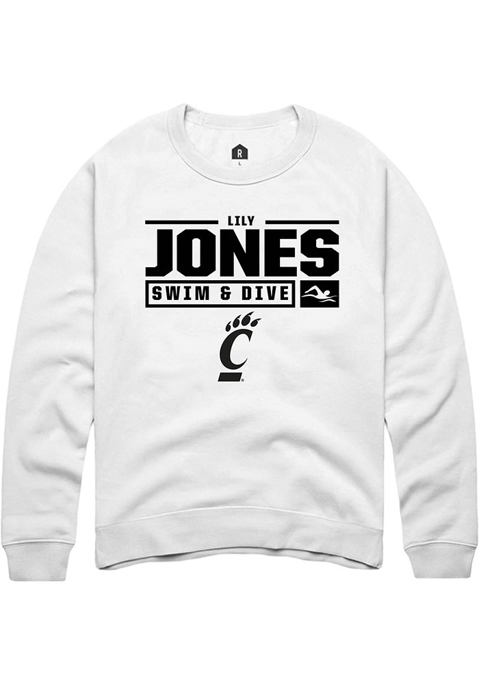 Lily Jones Rally Cincinnati Bearcats Mens White NIL Stacked Box Long Sleeve Crew Sweatshirt