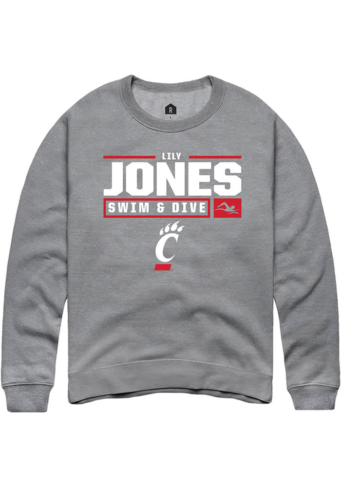 Lily Jones Rally Cincinnati Bearcats Mens Grey NIL Stacked Box Long Sleeve Crew Sweatshirt