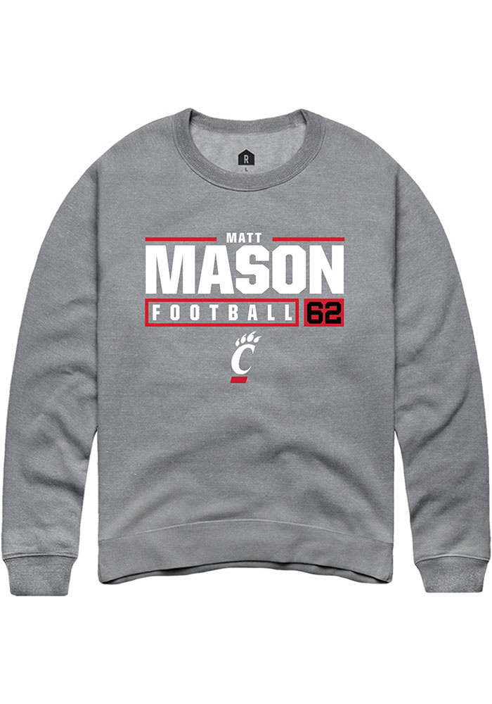 Matt Mason Rally Cincinnati Bearcats Mens Grey NIL Stacked Box Long Sleeve Crew Sweatshirt